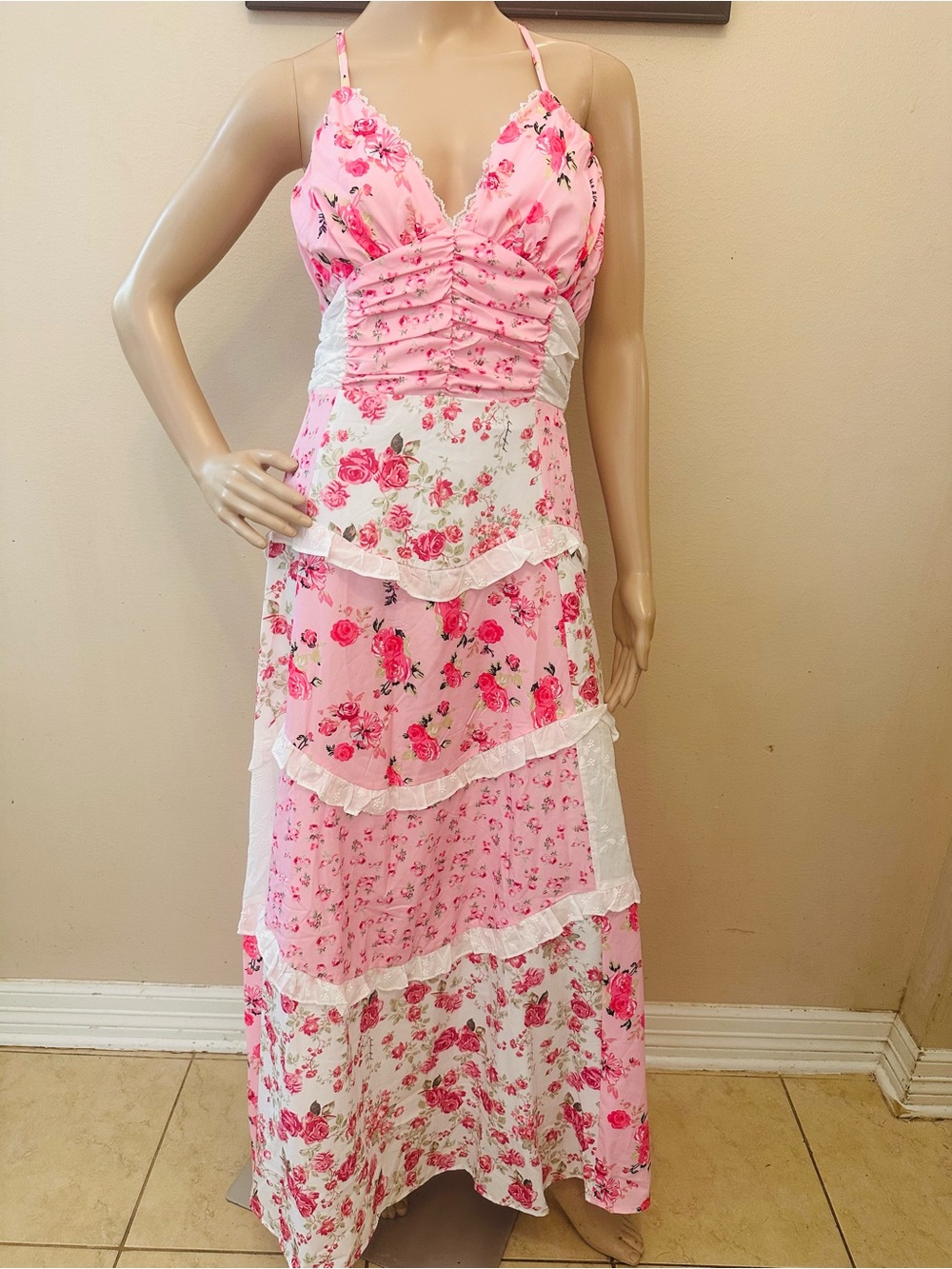Pink Floral Tiered Maxi Dress - Women's Spaghetti Strap